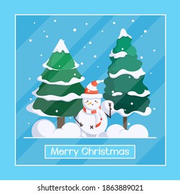 Postal de saludo vectorial. Con un lindo muñeco de nieve y árboles de navidad. Fondo azul, nevada. El efecto de la superficie de vidrio. Ilustración colorida. Navidad.