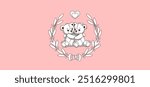 Vector greeting postcard pink pastel. Graphic hugging plush soft toys teddy bears lovers with wreath and hearts. Happy Sant Valentines day, wedding.