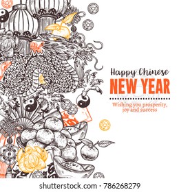 Vector greeting poster for happy Chinese new lunar year. Decorative background in sketch style with hand drawn dragon, mandarins, paper oriental lantern, gold ingot, fortune coin, lucky knot