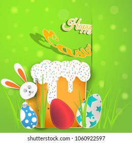 Vector greeting poster of Happy Easter on the gradient green background with peeping bunny from easter cake, eggs with pattern, grass, radiance and text cut from paper inserted in pocket.