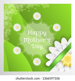 Vector greeting poster for Happy Mother's Day with  green waves, transparency label in the center, white flower and green stripe in the corner on the gray background.