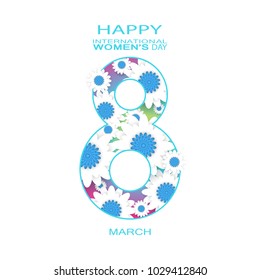 Vector greeting poster for International Women's Day - 8 of March with cutout number with pattern from flowers of different size on the green and lilac gradient background.