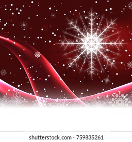 Vector greeting poster for Merry Christmas and Happy New Year holidays with white snowflake, shadow, wave, snowfall on the gradient dark red background.