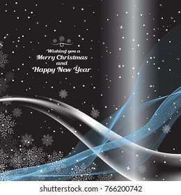 Vector greeting poster for Merry Christmas and Happy New Year with waves and snowfall on the dar background.