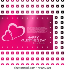 Vector greeting poster for Valentine's Day with gradient pink background, white pattern of hexagons, text and hearts in the center.