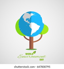 Vector greeting poster of World Environment Day on the gradient gray background with tree, blue globe, shadow and text.