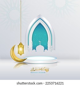 Vector greeting ramadan mubarak with podium and Islamic decoration in elegant style, Fully editable. Vector Illustration