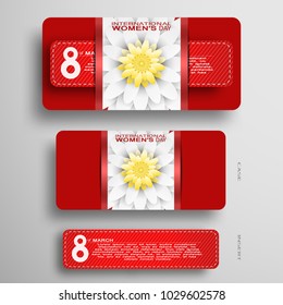 Vector greeting red case with flower at the center and red insert for 8 of March - International Women's Day on the gray background.