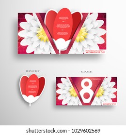 Vector greeting red case with flowers and insert in the form of red tulip for 8 of March - International Women's Day on the gray background.