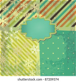 Vector greeting retro background with snowflakes and frame. Invitation card