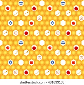 Vector greeting seamless pattern for Rosh Hashanah (Jewish New Year). Apple, honeycomb, star of David, shofar and pomegranate.