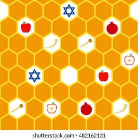 Vector greeting seamless pattern for Rosh Hashanah (Jewish New Year). Apple, honeycomb, star of David, shofar and pomegranate background.