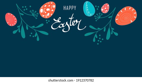Plantilla de bienvenida vectorial, afiche, banner con inscripción Feliz Pascua. Plantilla de Pascua con huevos rojos, azules, naranjas de Pascua y hojas verdes sobre un fondo oscuro. Copiar espacio