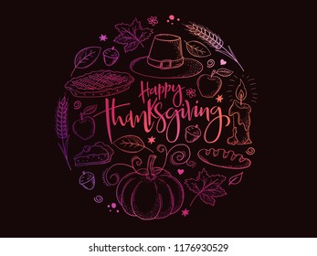 Vector greeting thanksgiving banner with hand lettering label - happy thanksgiving - with bright doodle thanksgiving elements in a circle.