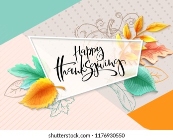 Vector greeting thanksgiving banner with hand lettering label - happy thanksgiving - with bright autumn leaves and doodle pumpkin, leaves and feathers.