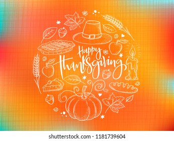 Vector greeting thanksgiving banner with hand lettering label - happy thanksgiving - with bright doodle thanksgiving elements in a circle.