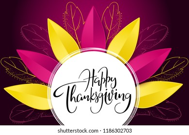 Vector greeting thanksgiving banner with hand lettering label - happy thanksgiving - with bright autumn paper leaves and doodle feathers.