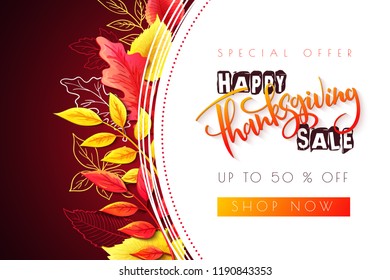 Vector greeting thanksgiving sale promotion banner with hand lettering label - happy thanksgiving - with bright autumn leaves and doodle leaves.