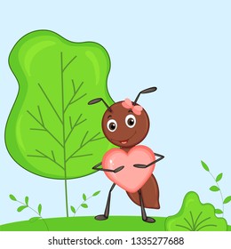 Vector greeting Valentine's Day with the image of an ant with a heart on the background of nature
