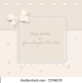 vector greeting wedding frame for photo with a bow, pearls and lace