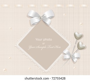 vector greeting wedding frame for photo with a bow, pearls and lace