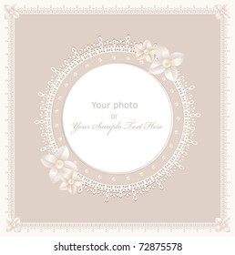 vector greeting wedding frame for photo with a bow, pearls and lace