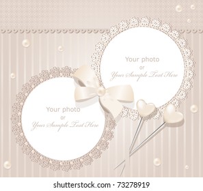 vector greeting wedding two frame for photo with a bow, pearls and lace