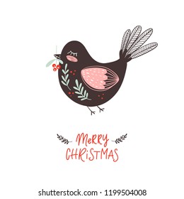 Vector greetings card with bird hold mistletoe brunch. Merry Christmas