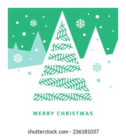 Vector greetings card - Christmas tree and night sky with falling snow flakes