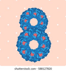 Vector greetings card with handdrawn flowers isolated on vintage pink background with white polka dots