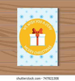 Vector greetings card with a new year with a gift in the yellow circle