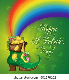 Vector greetings card for St. Patrick's Day. Leprechaun's boot with coins and a rainbow on a background of trefoils and a gradient.