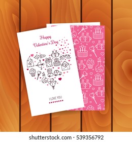 Vector greetings card for Valentine's Day with cute linear elements. Valentine's Day card template, front and back side with line icons and text isolated on wood background.