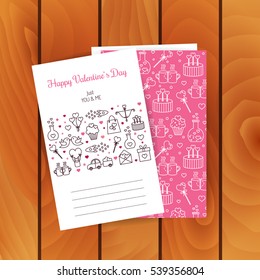 Vector greetings card for Valentine's Day with cute linear elements. Valentine's Day card template, front and back side with line icons and text isolated on wood background.