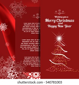 Vector greetings card of Wishing you a Merry Christmas and Happy New Year on the abstract red background with christmas tree, waves, snowflakes and insert.