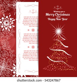 Vector greetings envelope with christmas tree and insert for Merry Christmas and Happy New Year on the abstract red background with radiance and snowflakes.