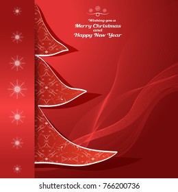 Vector greetings envelope of Wishing you a Merry Christmas and Happy New Year on the red background with wave, insert in the form of a Christmas tree with pattern and snowflakes.