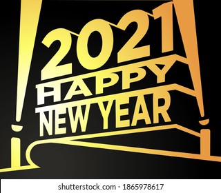 Vector greetings template of 2021 Happy new year crafted in Black and Gold. Movi Theme. Building and spotlight on night sky background. Illustration for flyer, shop, business, cards, promo.