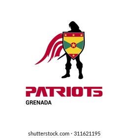 Vector Grenada Flag Patriots Soldier Logo. Mascot Character Design. Memorial Day Army man with Shield. Vector Freedom Leader Logo illustration