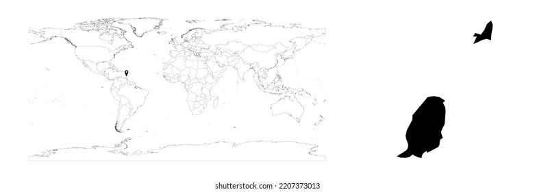Vector Grenada map showing country location on world map and solid map for Grenada on white background. File is suitable for digital editing and prints of all sizes.