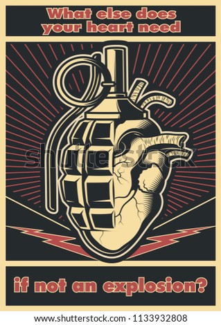 Vector. Grenade and Heart Sign Obey. Poster Style.