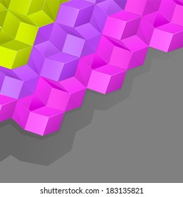 Vector grey abstract background with volume connected green,violet and pink cubes