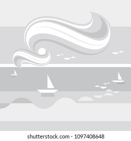 Vector grey abstract contemporary surealistic illustration of sea with sailing boats