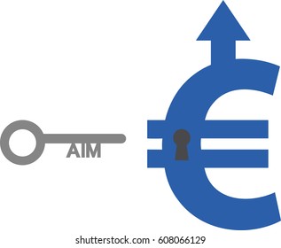 Vector grey aim key with blue euro arrow up and keyhole.