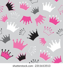 Vector Grey Background Black White and Pink Crowns seamless pattern background.  Perfect for fabric, scrapbooking, wallpaper projects, and paper products.