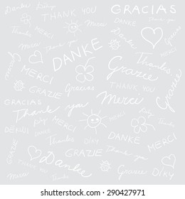 Vector grey background with handwritten thank you in English, German, French, Spanish, Italian and Czech - "Thank you", "Danke", "Gracias", "Grazie", "Merci", "Dekuji". Eps 10.