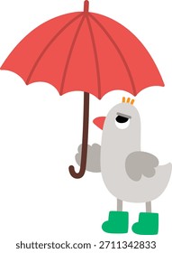 Vector pájaro gris de pie bajo el icono de paraguas rojo. Animal de primavera o otoño con concepto de Clima lluvioso o lluvioso. Linda ilustración de personaje de pueblo de Pascua para niños aislados sobre fondo blanco
