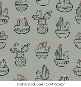 fondo de patrón transparente vectorial gris y negro lindo cactus. perfecto para fondos de pantalla, scrapbooking y proyectos de productos.