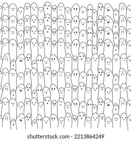 Vector. Grey, black and white contrast seamless pattern. Creepy evil Halloween background. Hand-drawn ghosts in cartoon style. Repeating wallpaper, sketch. Design of gift wrapping, gift paper.