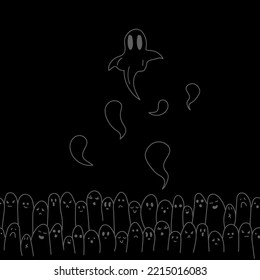 Vector. Grey, black and white contrast seamless pattern. Creepy evil Halloween background. Hand-drawn ghosts in cartoon style. Repeating wallpaper, sketch. Design of gift wrapping, gift paper.